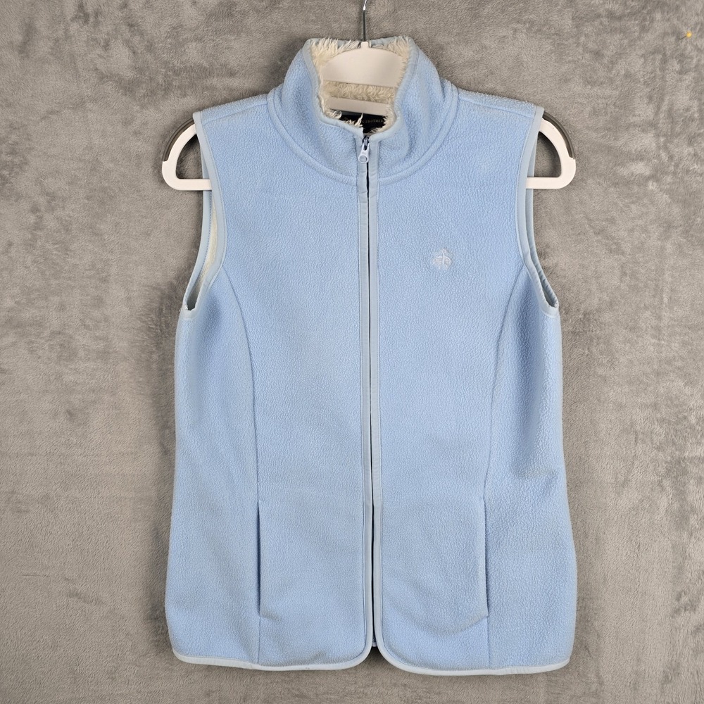 Brooks Brothers Womens Light Blue Fleece Full Zip Vest Faux Fur Collar XS‎